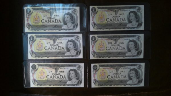 1973 Canada 1 Dollar Bills x6 in Sequential Serial Number for sale