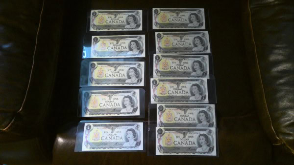 1973 Canada 1 Dollar Bills x11 in Sequential Serial Number for sale