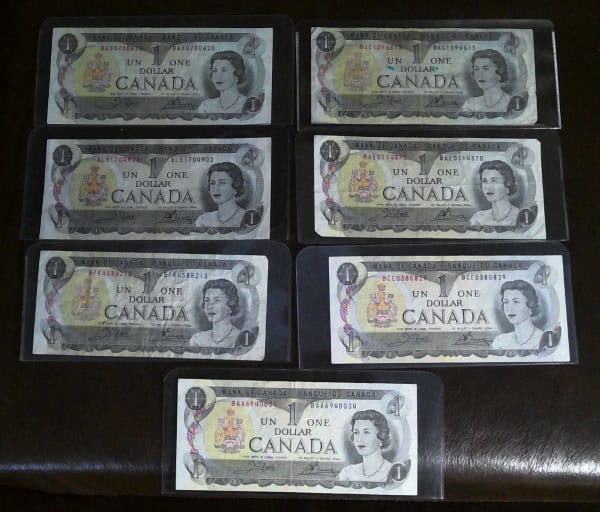 1973 Canada 1 Dollar Bills Lot of 7 for sale