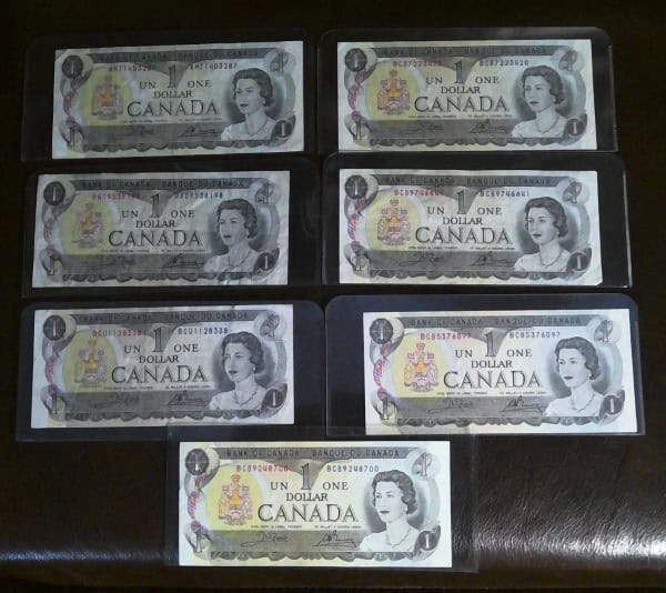 1973 Canada 1 Dollar Bills Lot of 7 for sale