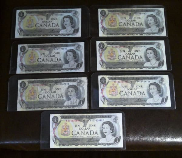 1973 Canada 1 Dollar Bills Lot of 7 for sale