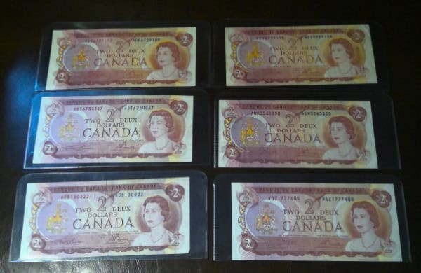 1974 Canada 2 Dollar Bill - Lot of 6 for sale