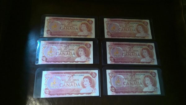 1974 Canada 2 Dollar Bill - Lot of 6 for sale