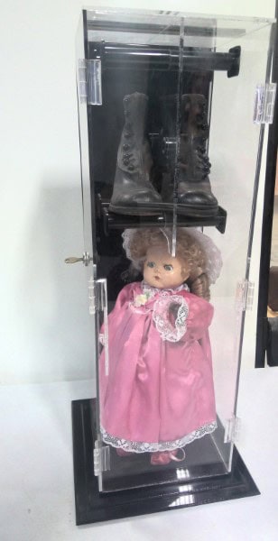 Unique Antique Doll Toy with Antique Girl's Shoes in Lockable Display Case for sale