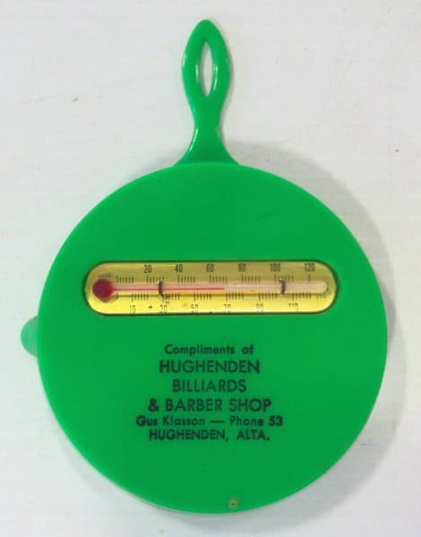 Vintage Hughenden Billiards & Barber Shop - Hughenden Alberta Advertising Thermometer for sale