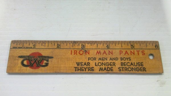 Vintage 1950s Six-Inch Wooden Ruler, GWG Jeans, Red Strap Overalls for sale