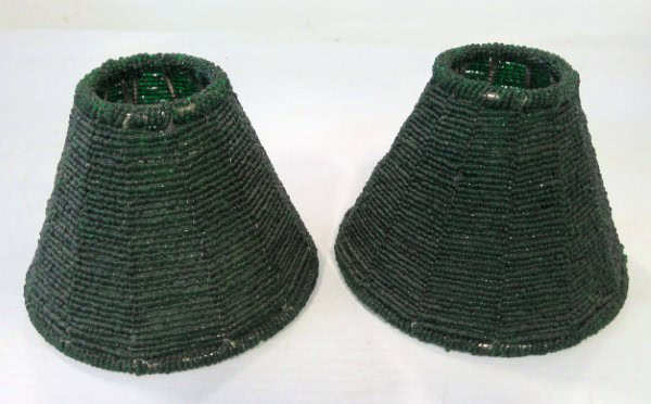 Vintage Pair of Dark Green Glass Beaded Metal Frame Lamp Shades for sale