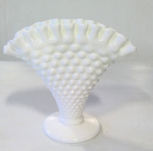 Fenton Small Fan Vase Hobnail Crimped Ruffled Rim White Milk Glass for sale