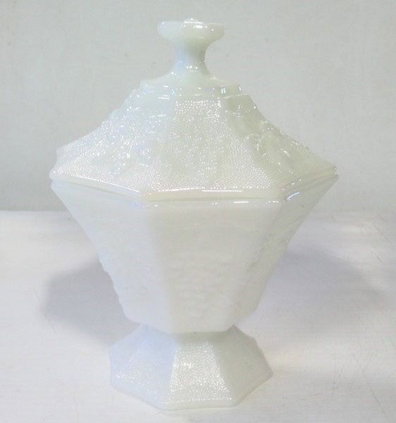 Vintage Footed Milk Glass Grapevine 8-Sided Covered Candy Serving Dish for sale