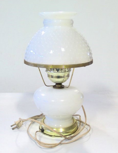 Vintage White Electric Glass Lamp with Milk Glass Shade. for sale