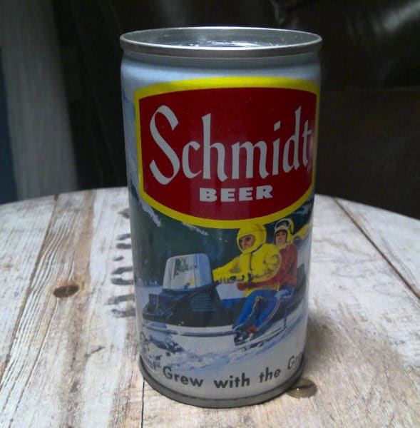 Vintage Schmidt Beer Steel Can with Snowmobile Design for sale