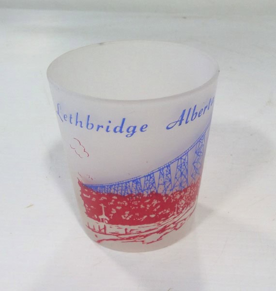 Vintage Lethbridge Alberta Bridge Motif Drinking Glass - Frosted. for sale