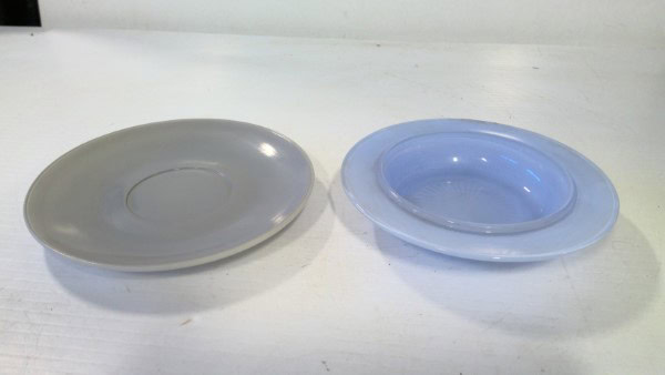 Lot of 2 Mid Century Modern Dominion Glass Blue / Grey Dishes. for sale