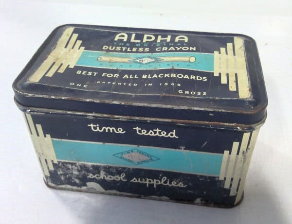 Vintage Alpha Dustless Crayon Chalk Tin Container for sale