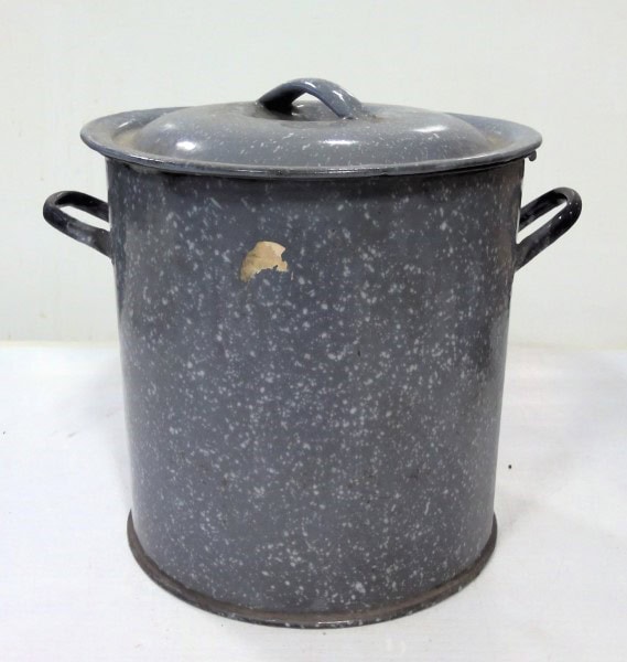 Vintage Grey Enamelware Pot with Lid for sale