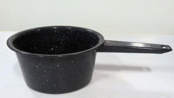 Vintage Black and White Speckled Enamelware Pot for sale