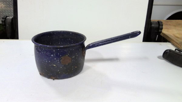 Antique Dark Blue with White Specks Enamelware Pot for sale