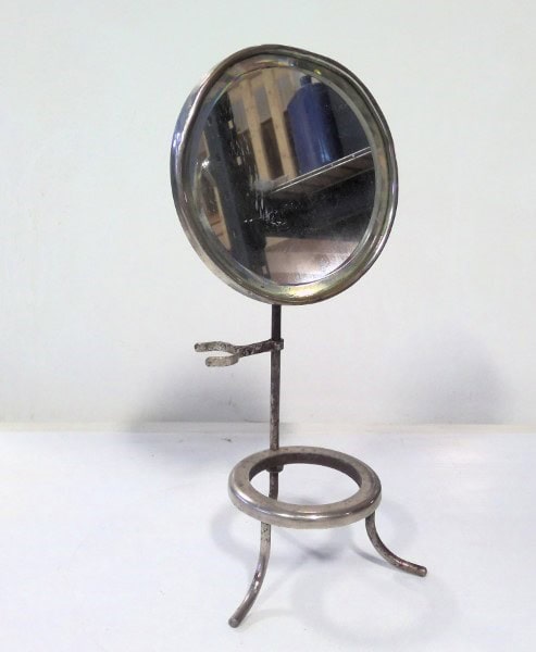 Antique Chrome Steel Shaving Mirror with Mug & Brush Holder. for sale