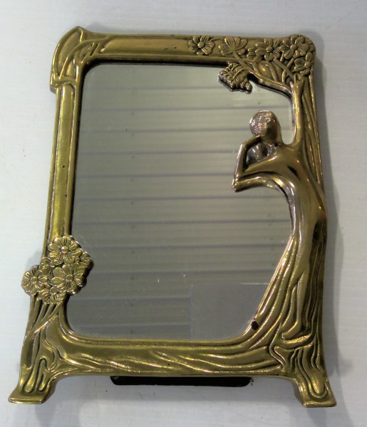 Vintage Art Nouveau Easel Back Mirror Vanity W/ Lady - Brass for sale