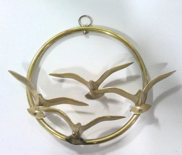 Mid Century Modern Brass Flying Sea Gulls In Hanging Round Ring for sale