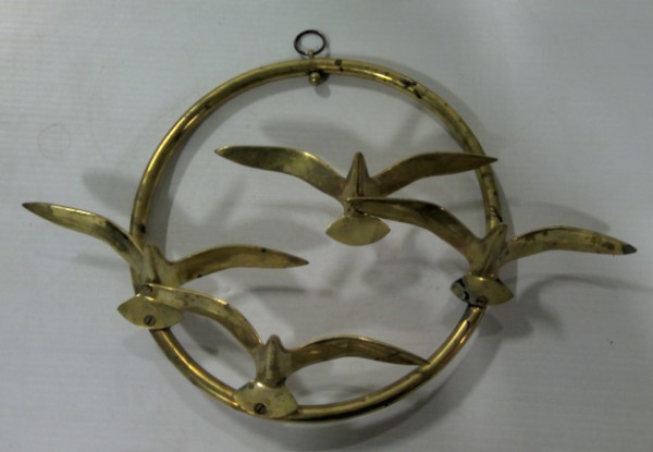 Mid Century Modern Brass Flying Sea Gulls In Hanging Round Ring for sale