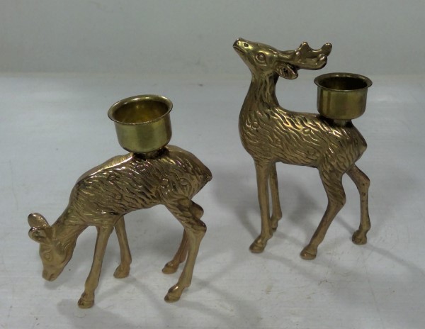 Vintage Brass Pair Deer Reindeer Candle Holders for sale