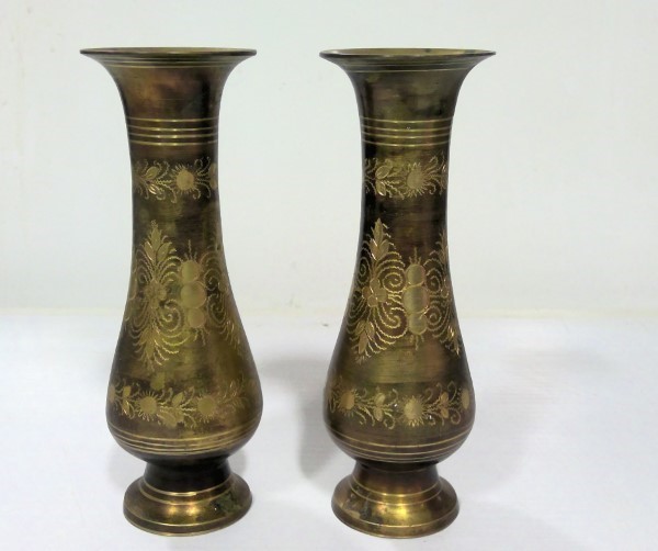 Vintage Pair of Mid Century Modern Etched Brass Vases / Urns for sale