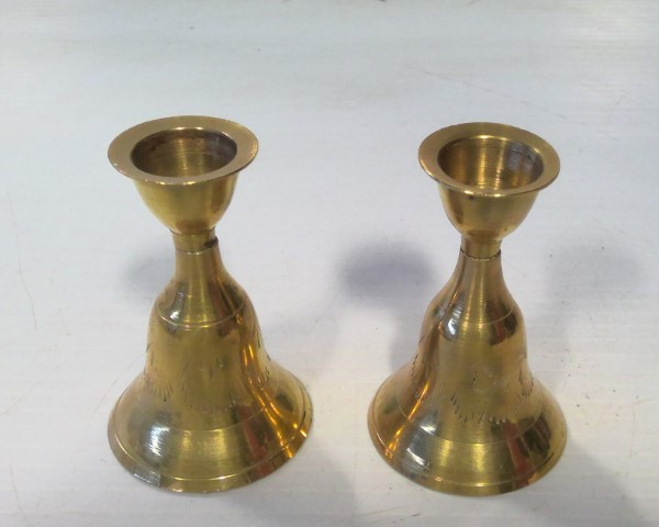 Pair of Vintage Etched Brass Candlestick Holder Bells for sale