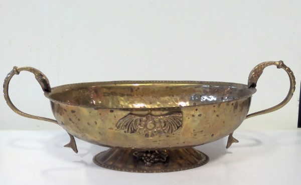 Vintage Hammered Brass Centerpiece Bowl Serpent Handles for sale