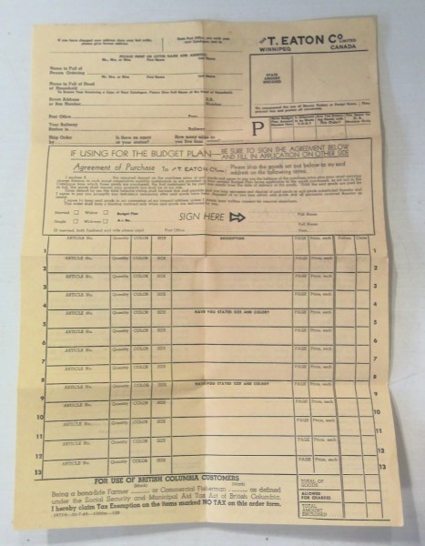 1948 T. Eaton Co. Budget Plan Order Form for sale