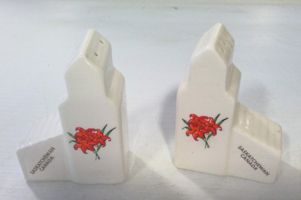 Vintage Ceramic Floral Design Grain Elevator Salt & Pepper Shakers for sale