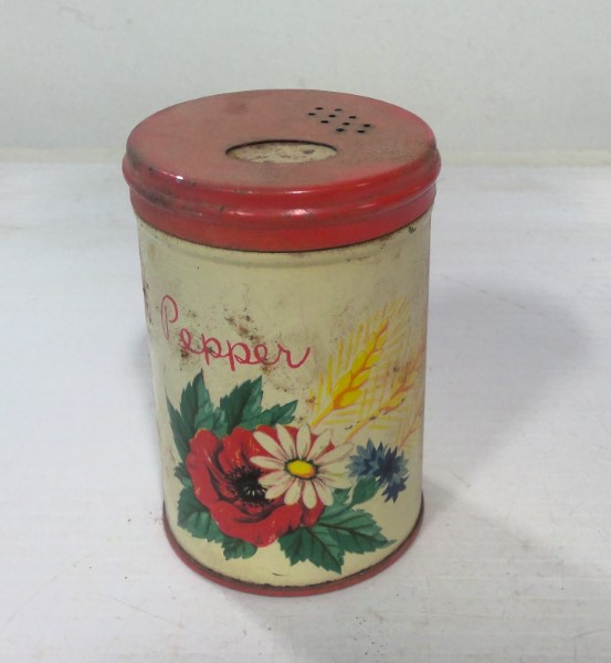 Vintage Tin Pepper Shaker - Red Lid with Floral Design for sale