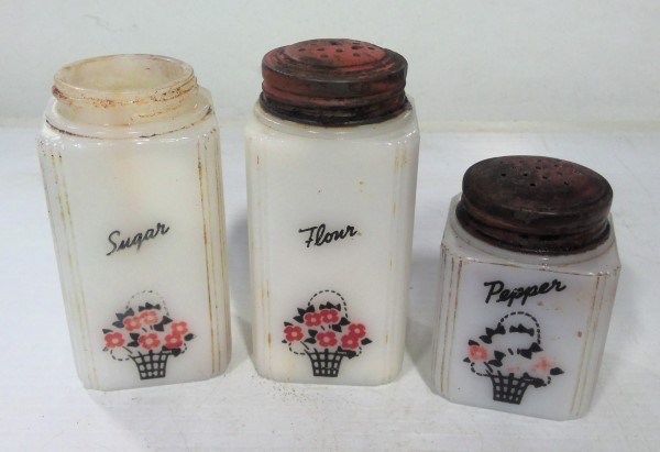 Vintage Milk Glass Flour Sugar and Pepper Shakers for sale