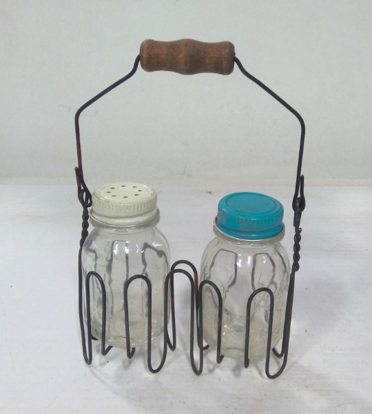 Vintage Salt & Pepper Shakers in Wire Carrier for sale