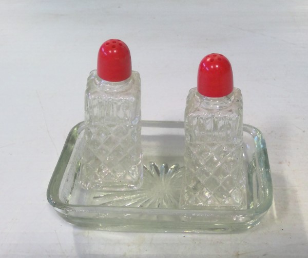 Vintage Pressed Glass Salt & Pepper Shakers with Red Tops for sale