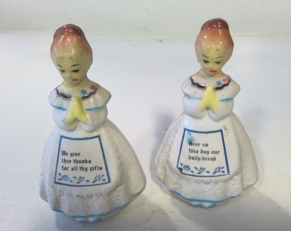 Vintage Plastic Praying Girls Salt & Pepper Shakers - C. 1960s for sale