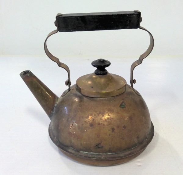 Small Antique Brass Tea Kettle with Wood Handle for sale