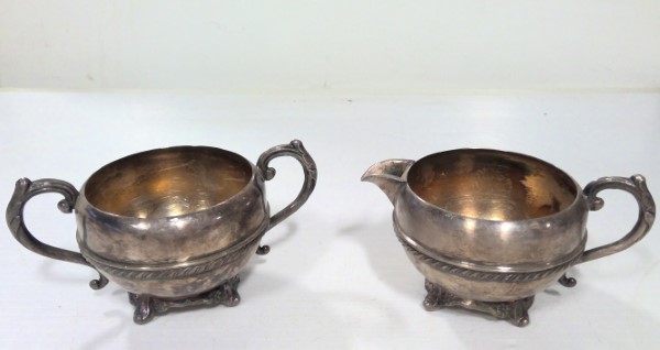 Antique WM. A Rogers Silverplate Cream and Sugar Bowls for sale