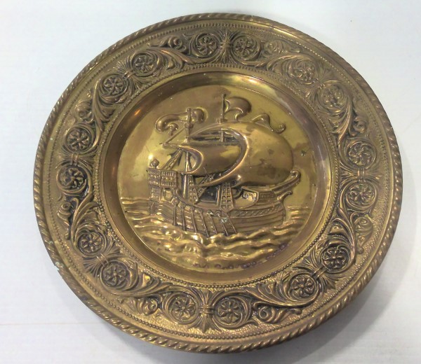 Vintage Hammered Brass Decorative Plate - Ship Design 12" Diameter for sale