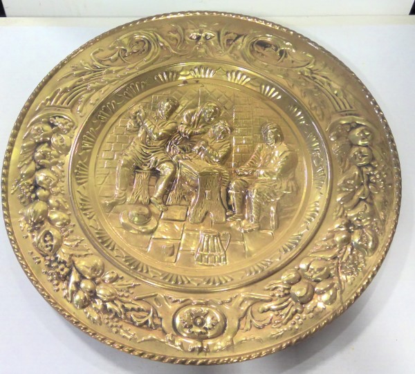 Vintage Hammered Brass Wall Art Plate - Men in Tavern 20" Diameter for sale