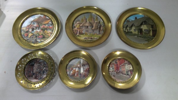 Lot of 6 Vintage Made in England Brass Picture Plates - English Town and Country Scenes for sale