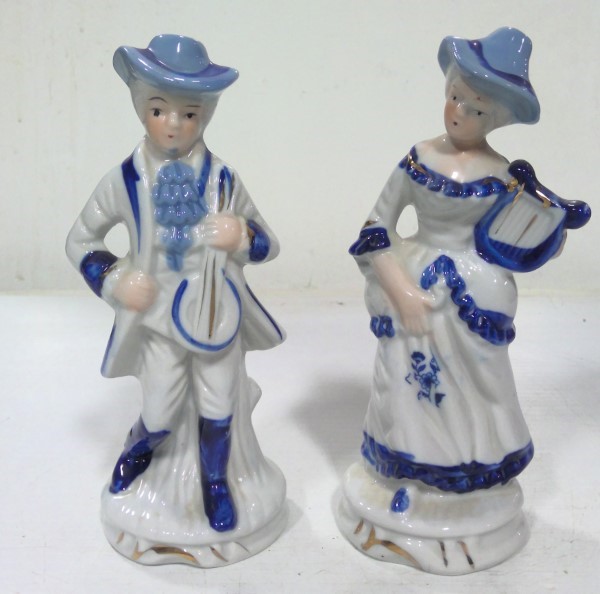 Vintage Porcelain Figurines Blue & White Man and Woman Troubadours with Harp and Mandolin for sale