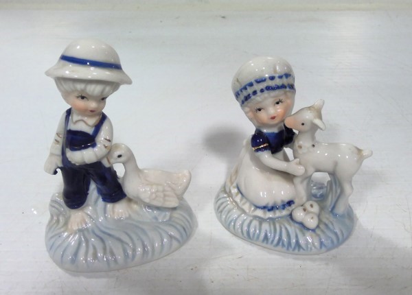 Vintage Blue & White Porcelain Figurines - Boy and Girl with Goose and Lamb for sale