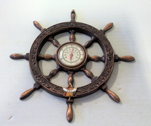 Vintage Ships Wheel Copper Toned Metal Thermometer for sale