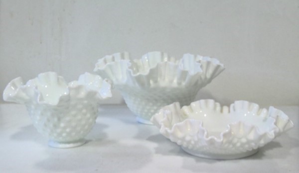 Vintage Fenton Hobnail Milk Glass Ruffled Edge Bowls - Lot of 3 for sale