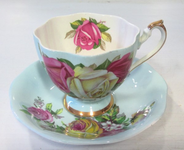 Vintage Queen Anne Sky Blue with Roses Tea Cup and Saucer for sale