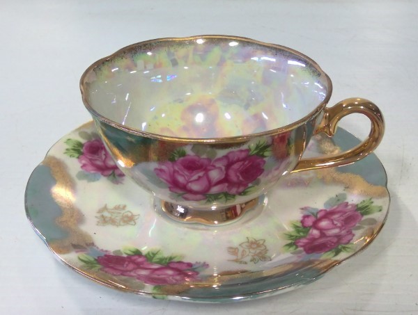 Vintage Blue with Pink Roses Tea Cup and Saucer for sale