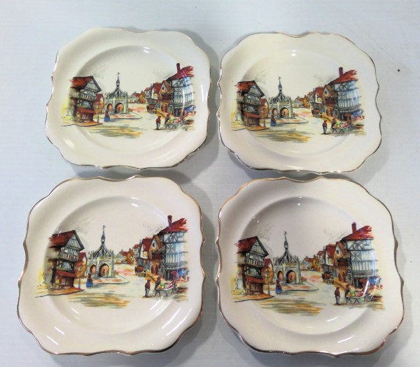 Vintage Lot of 4 Sandland Ware Cake Plate Market Cross Crossroads for sale