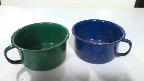 Vintage Blue and Green Enamel Coffee Cups - Set of 2 for sale