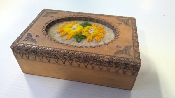 Vintage Wooden Trinket Box with Wool Flowers for sale